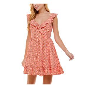 CITY STUDIO Womens Ruffled Tie Open Back Sleeveless V Neck Short A-Line Dress